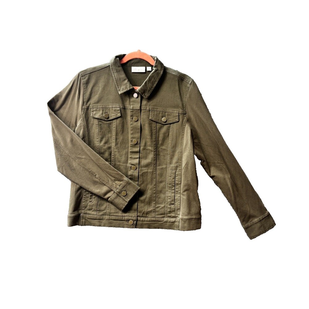 Belle by Kim Gravel Olive Green Denim Jacket L Large Mixed Media Stretch